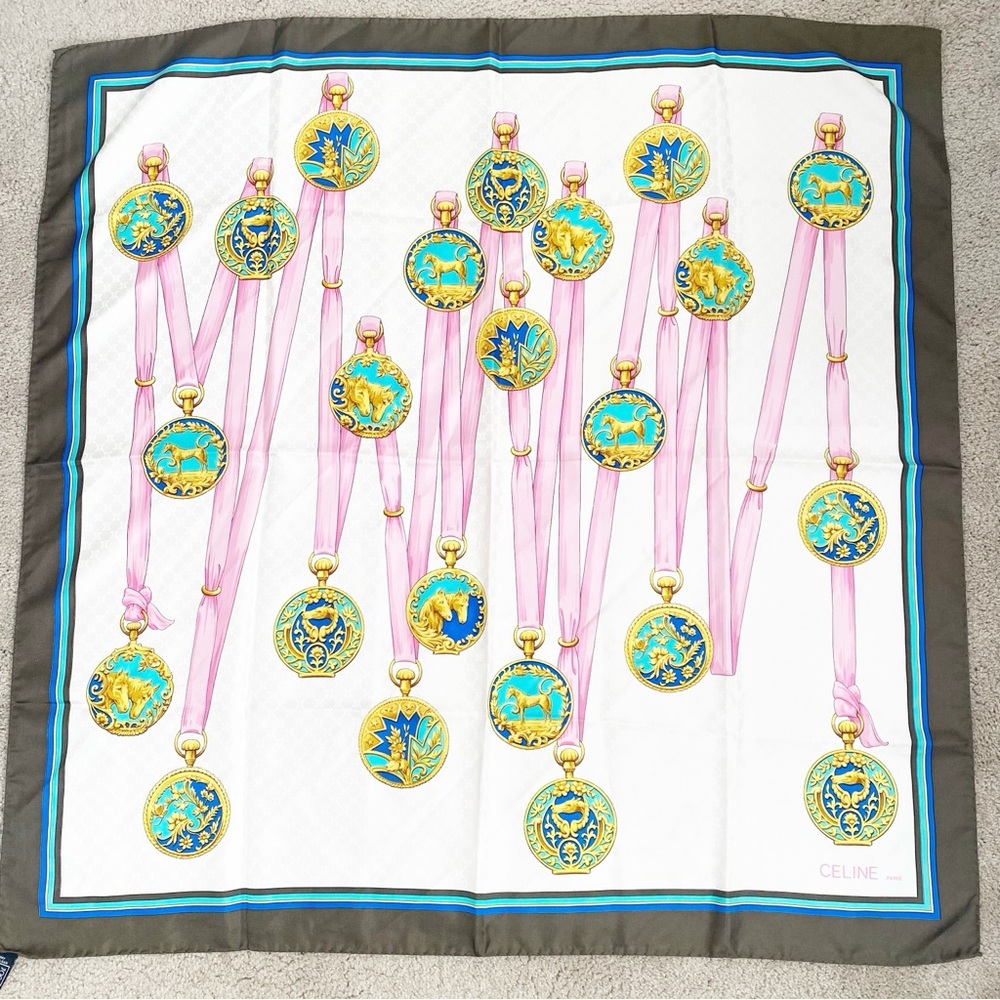 CELINE Paris Carre 90 100% Silk Medallion Ornament Print Square Scarf